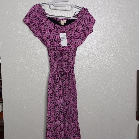 Michaels Kors purple floral off-shoulder dress with belt - NWT Size M - Picture 2 of 14